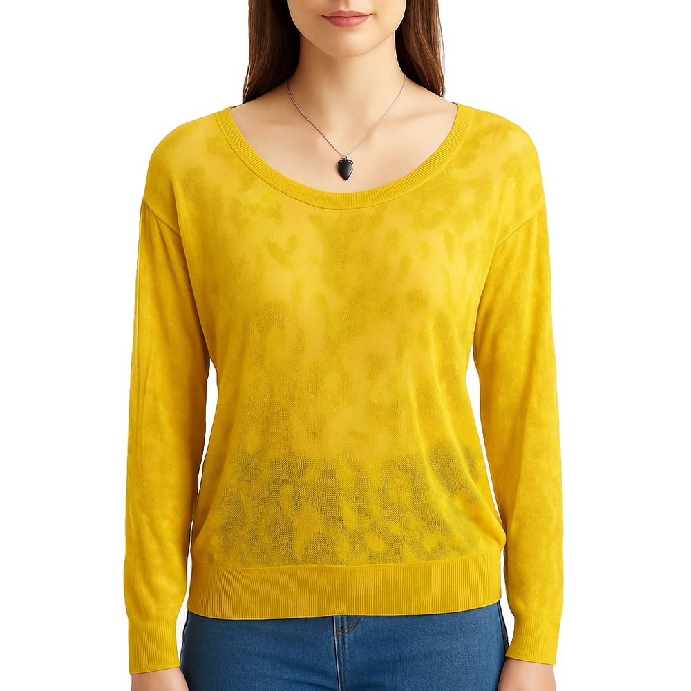 Cabi Womens L Yellow Burnout Sheer Lightweight Textured Knit Long Sleeve Top - Picture 2 of 12
